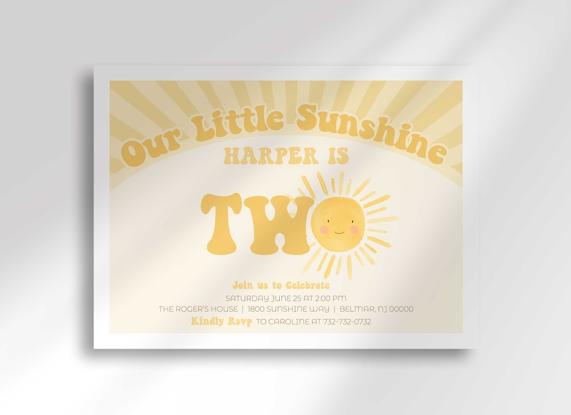 Groovy Our Little Sunshine Birthday Invitation Template – Helia Design Co., image size:2200x1600