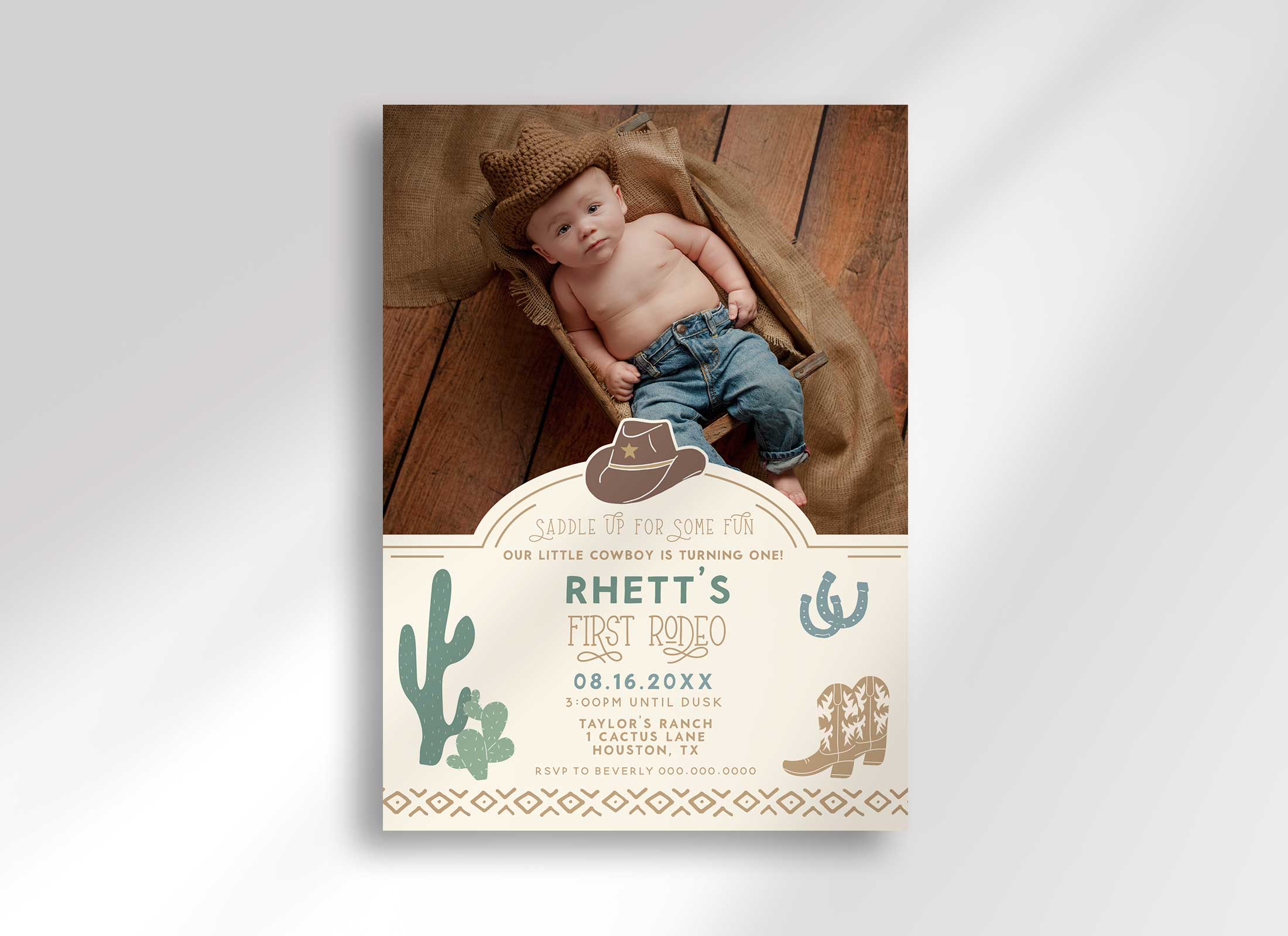Tan First Rodeo Birthday Invitation Template with Photo – Helia Design Co.