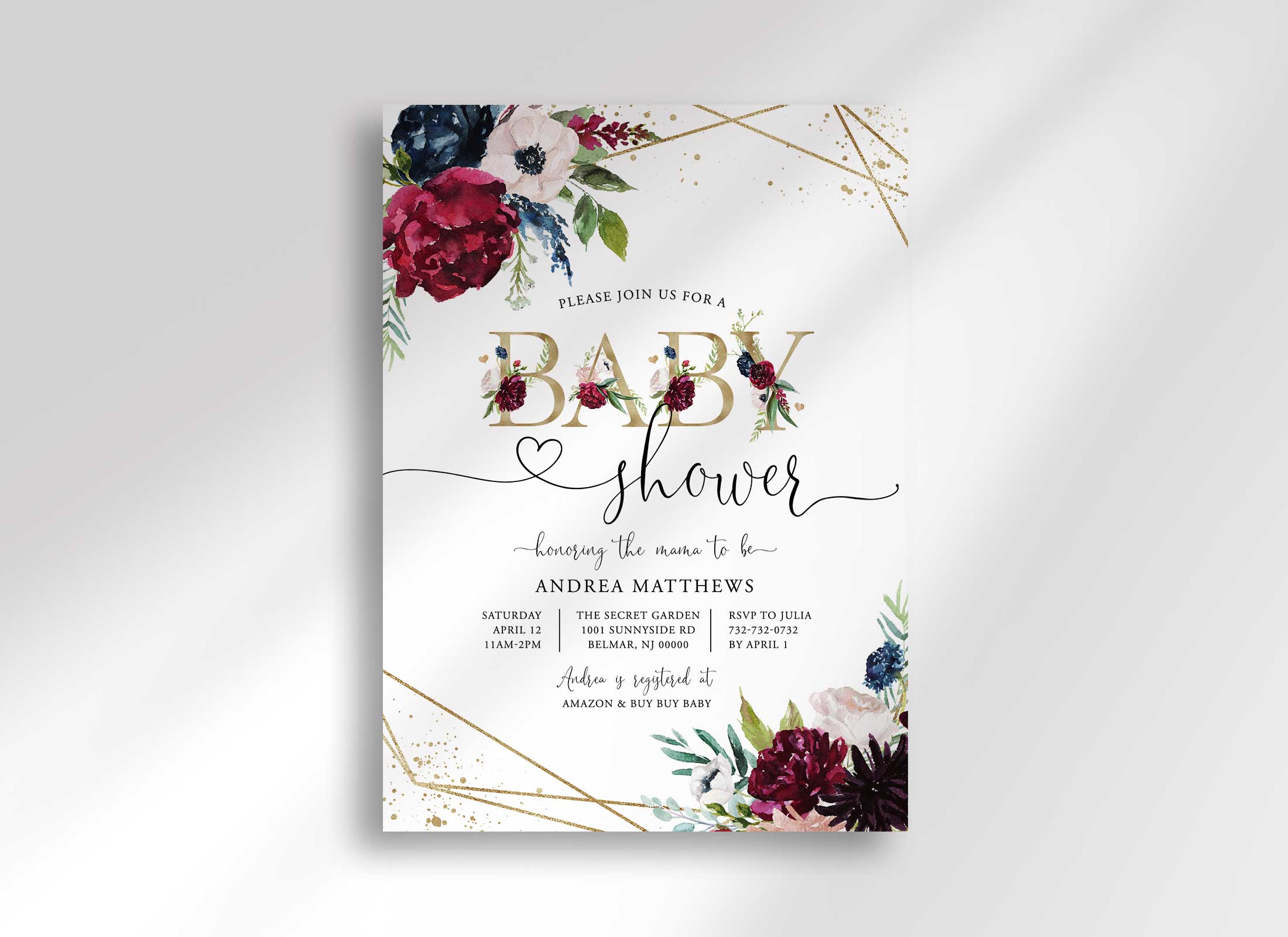 White Geometric Gold Floral Baby Shower Invitation Template – Helia ...