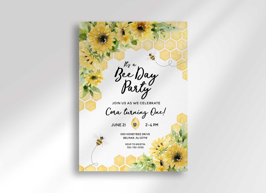 Sunflower Bee Day Party Birthday Invitation Template – Helia Design Co., image size:1080x785