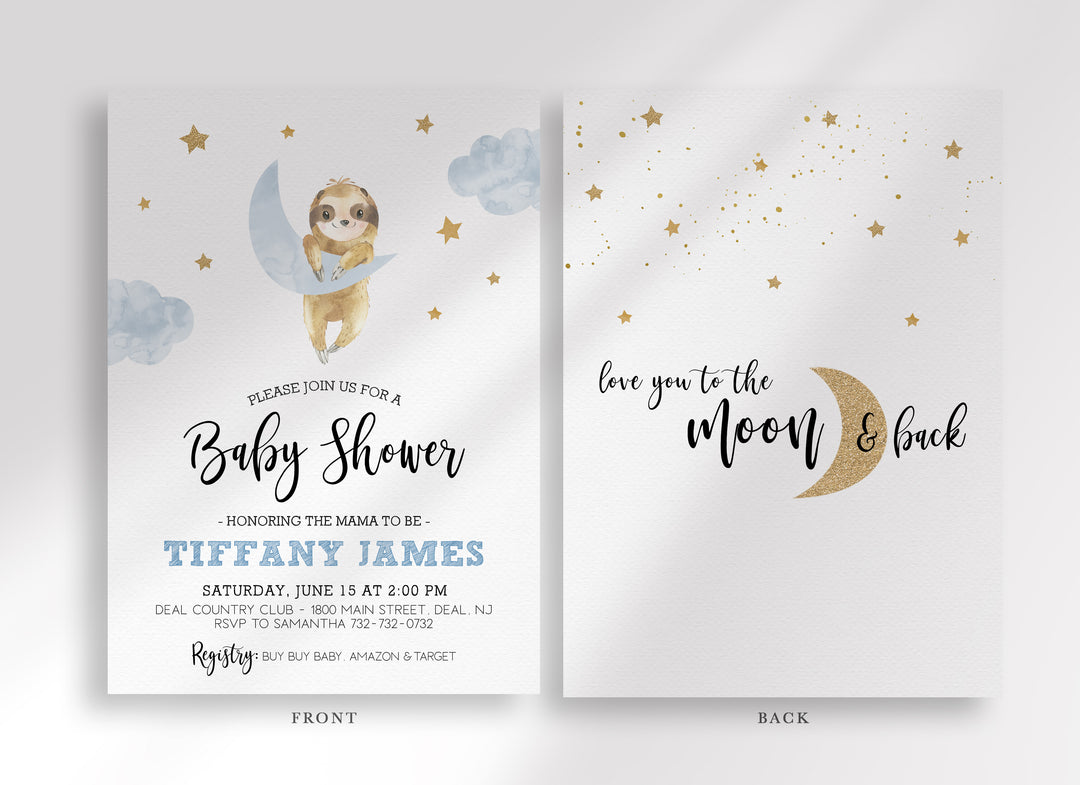 Sloth Baby Shower Invitation Template Blue I – Helia Design